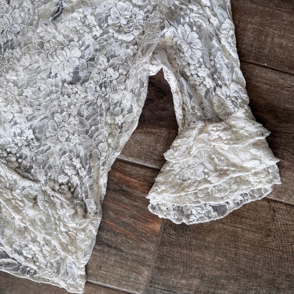New York & Company Vintage Whimsigoth Tie Front Bell Sleeve Lace Blouse, Ivory,M - Picture 8 of 11
